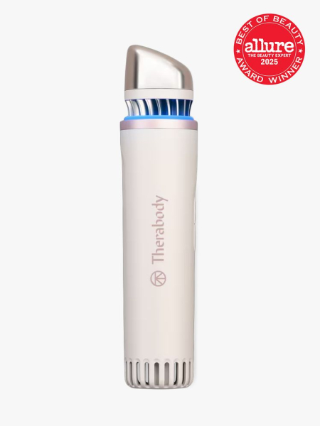 Theraface Depuffing Wand in branded component on a light gray background with best of beauty 2025 seal in the top right...